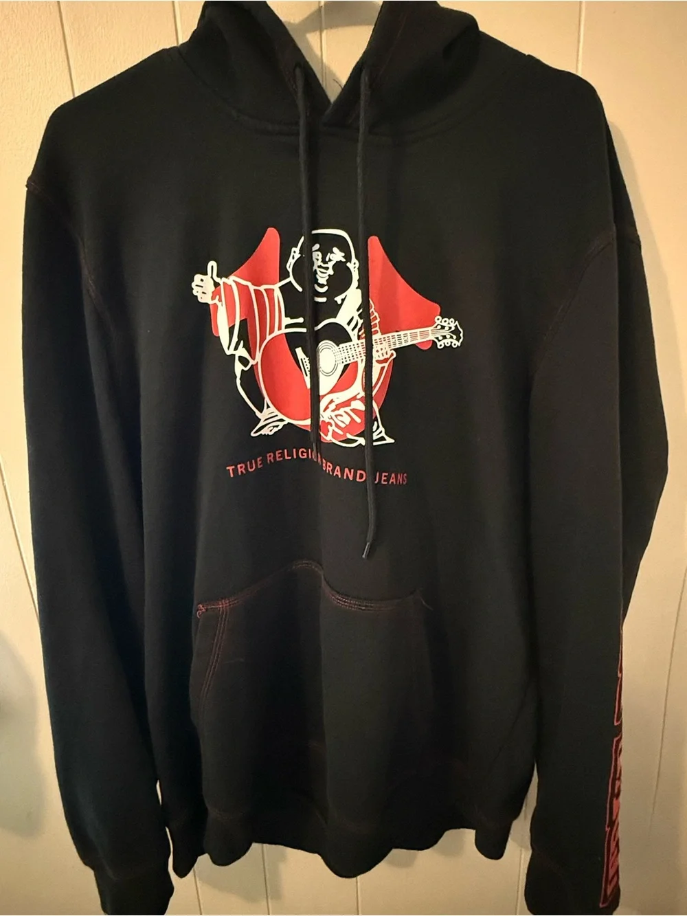 True Religion Black Hoodie with Red Graphic and Sleeve Logo
